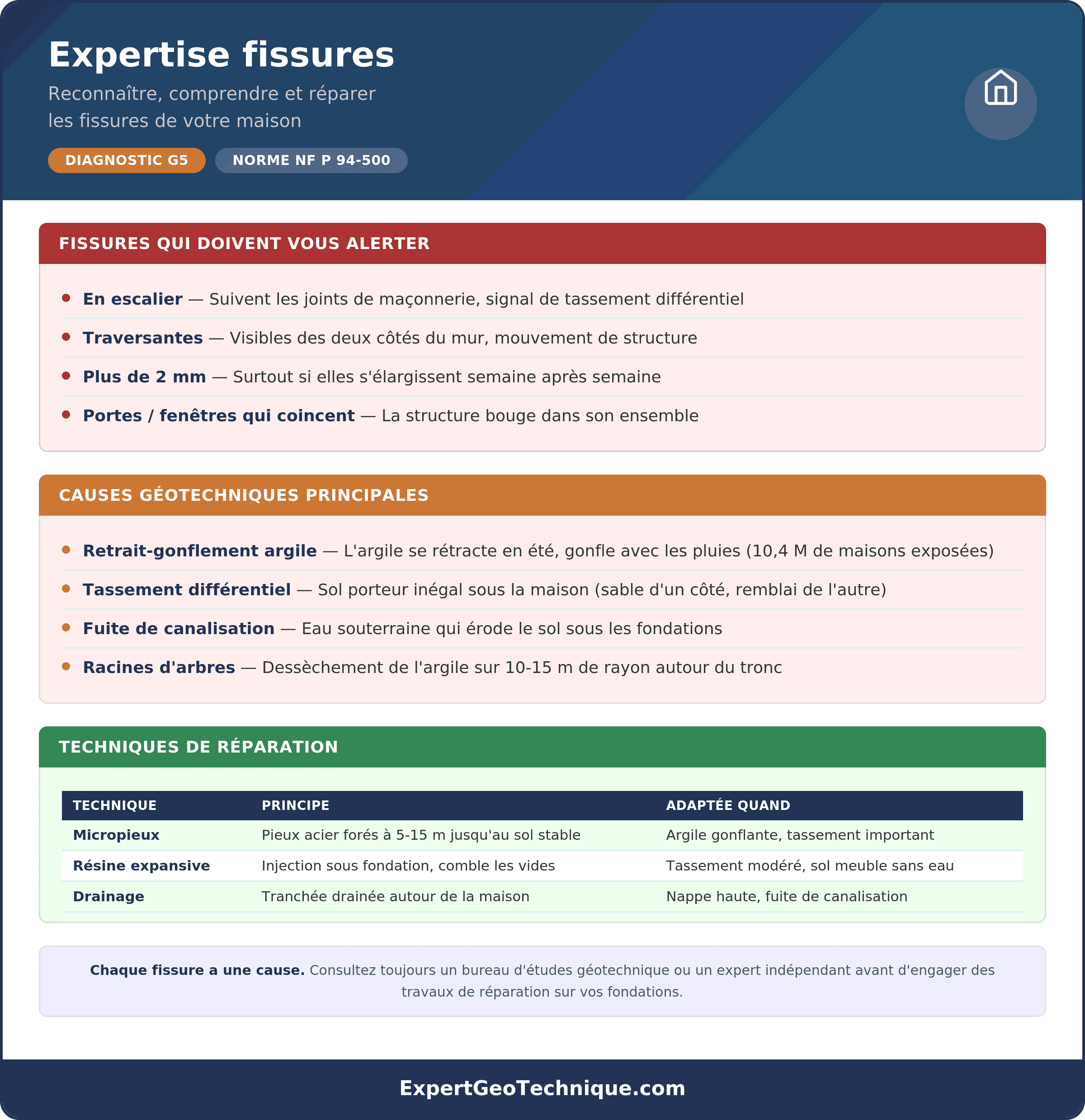Infographie expertise fissures maison : parcours du diagnostic G5, des premières fissures aux solutions de réparation