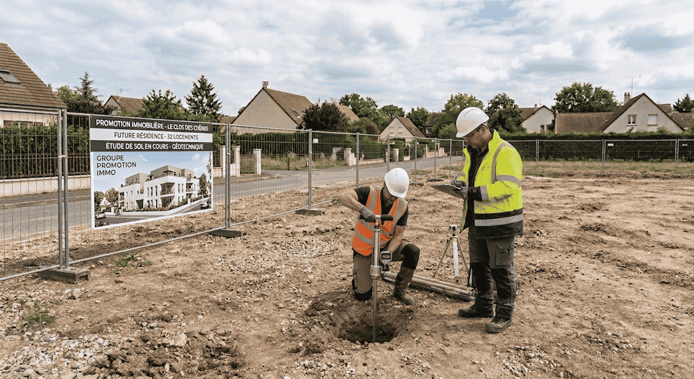 Techniciens réalisant une étude de sol pour promotion immobilière Techniciens réalisant une étude de sol pour promotion immobilière