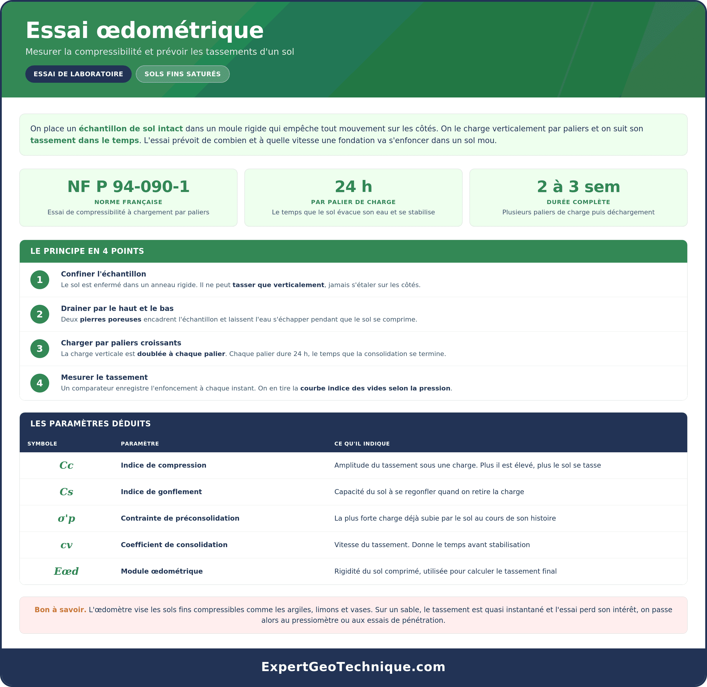 iche technique sur l'essai œdométrique de laboratoire. Présente le principe (échantillon de sol fin confiné dans un moule rigide, chargement vertical par paliers, mesure du tassement) iche technique sur l'essai œdométrique de laboratoire. Présente le principe (échantillon de sol fin confiné dans un moule rigide, chargement vertical par paliers, mesure du tassement)