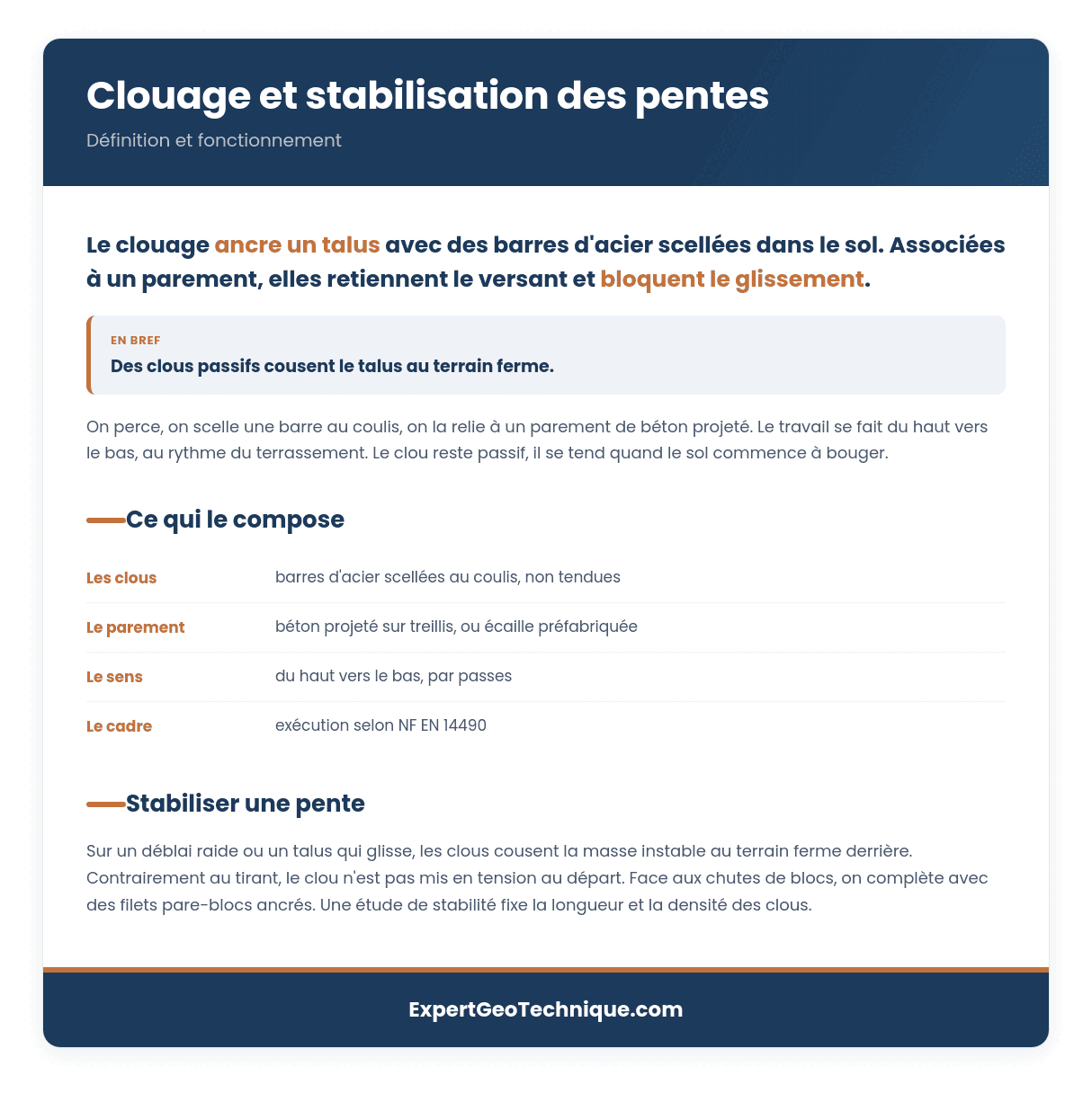 Clouage et stabilisation des pentes : clous passifs Clouage et stabilisation des pentes : clous passifs