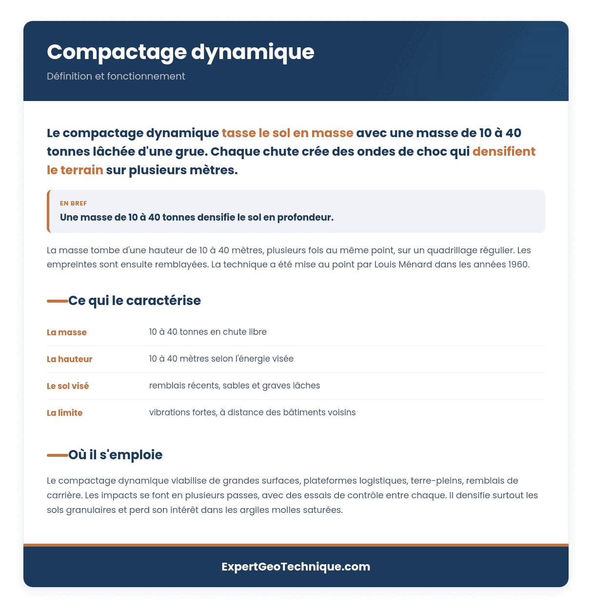 Compactage dynamique : densification par pilonnage Compactage dynamique : densification par pilonnage