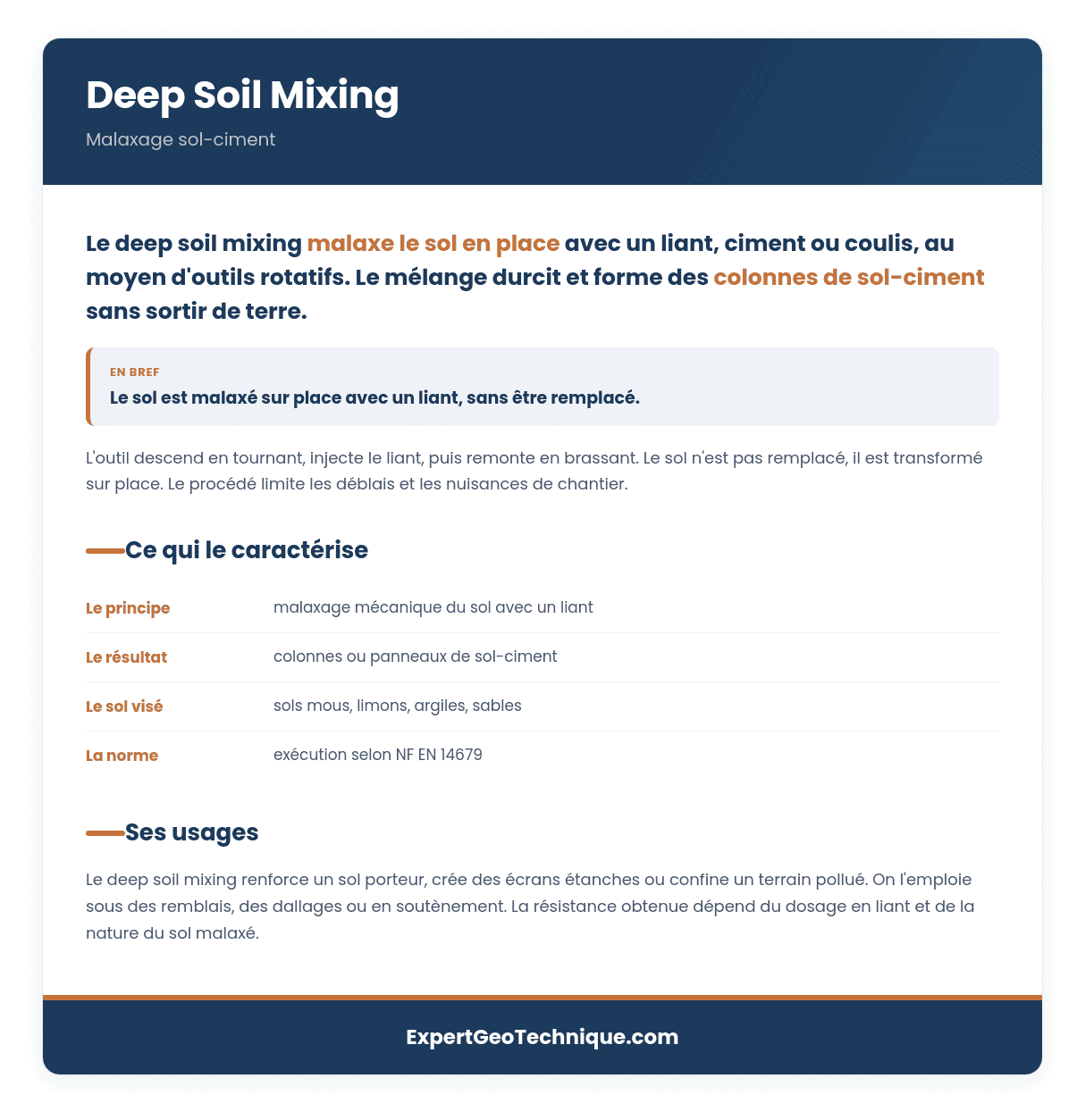 Deep soil mixing : malaxage du sol au liant Deep soil mixing : malaxage du sol au liant