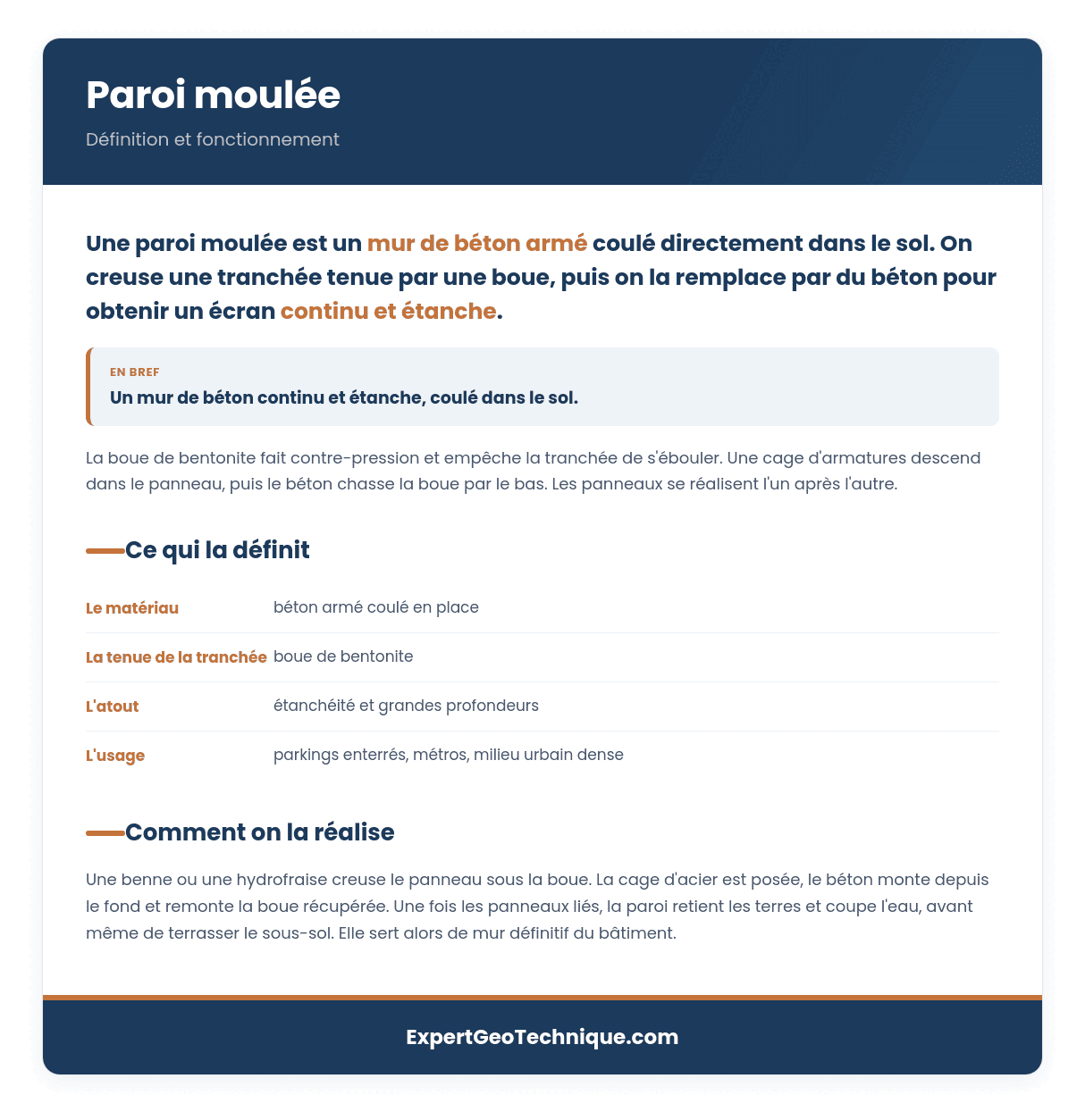 Paroi moulée : mur béton continu et étanche Paroi moulée : mur béton continu et étanche